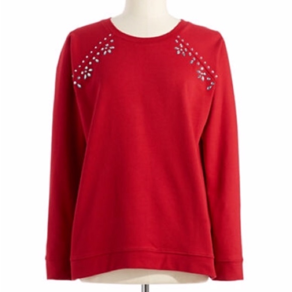 Two by Vince Camuto red jewel long sleeve crew neck top
